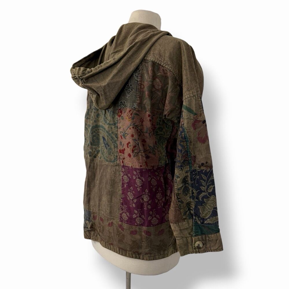 Earthbound Trading Co Boho Cotton Patchwork Hooded Jacket Utility Shacket Small